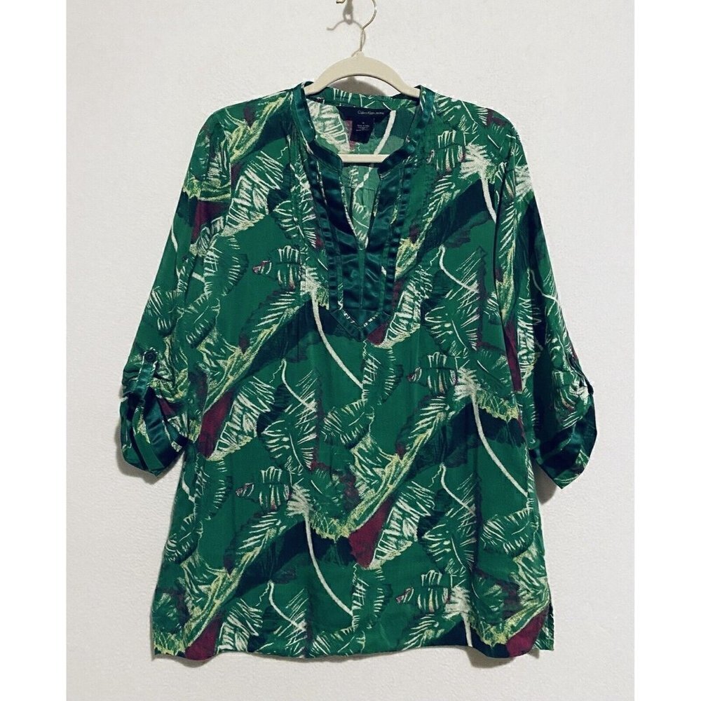 Calvin Klein Jeans Top Womens Medium Tropical Floral Print Ribbon Trim Boho
